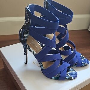 Blue Strappy Heels with Snakeskin Detail